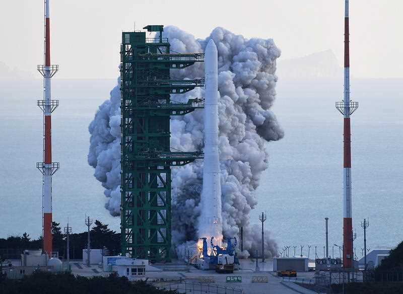 South Korea's first homegrown space launch vehicle, known as Nuri, lifts off from the Naro Space Center
