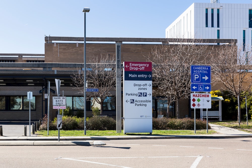 exterior of Canberra Hospital showing signage