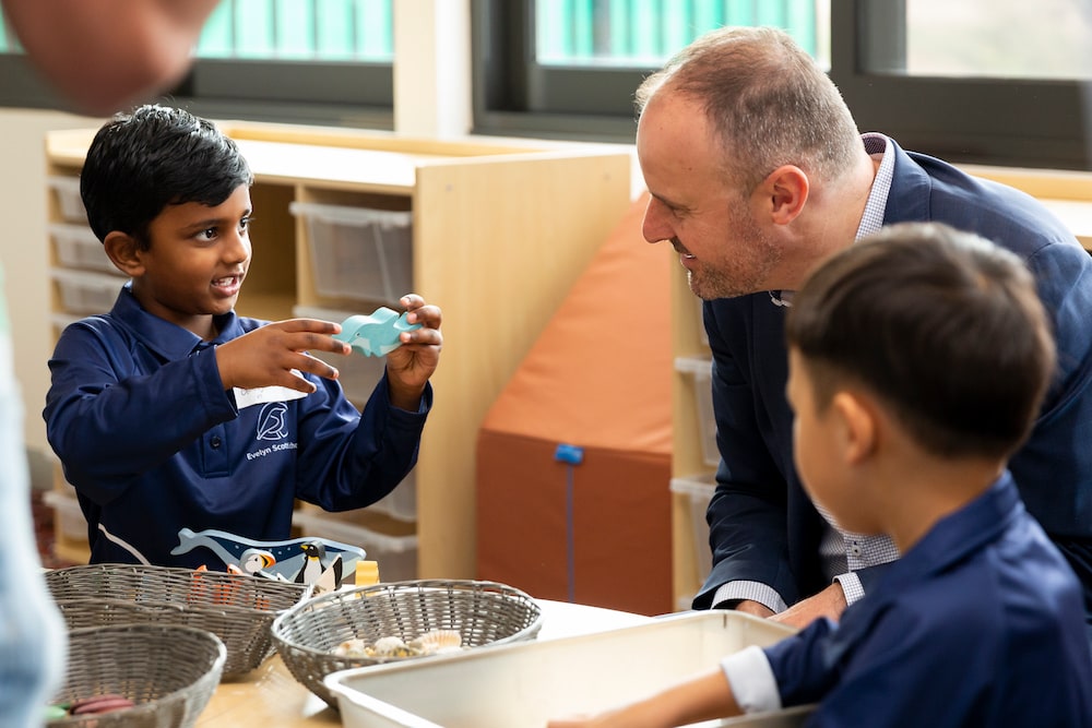 Chief Minister Andrew Barr with students at Evelyn Scott Primary School earlier this year. Photo: Kerrie Brewer
