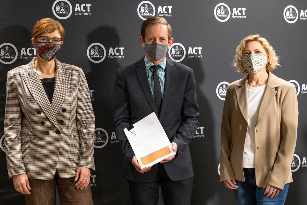 ACT ministers Rachel Stephen-Smith, Shane Rattenbury, and Emma Davidson present the report into Raising the Age. Photo: Kerrie Brewer
