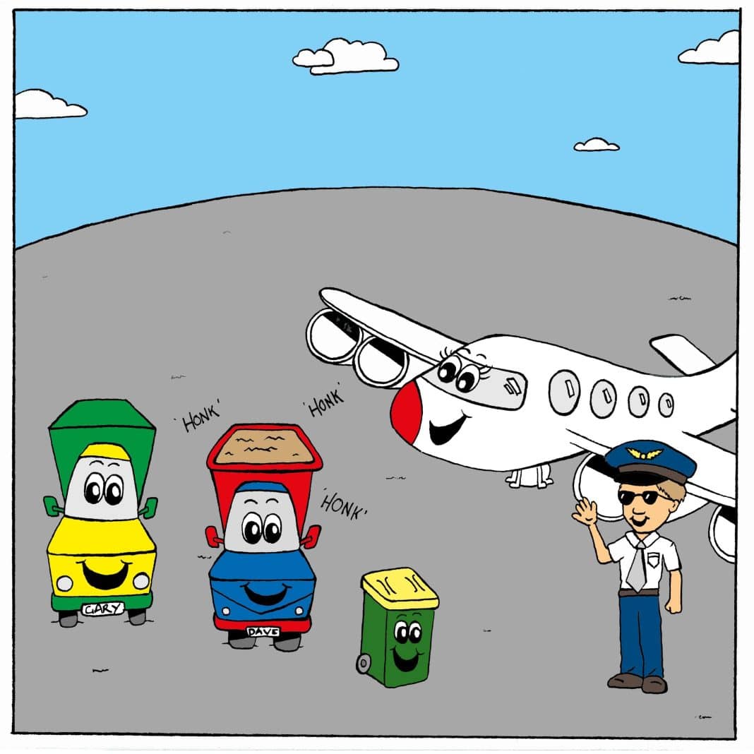 children's book illustration of two trucks, a plane, a pilot and a wheelie bin on the tarmac