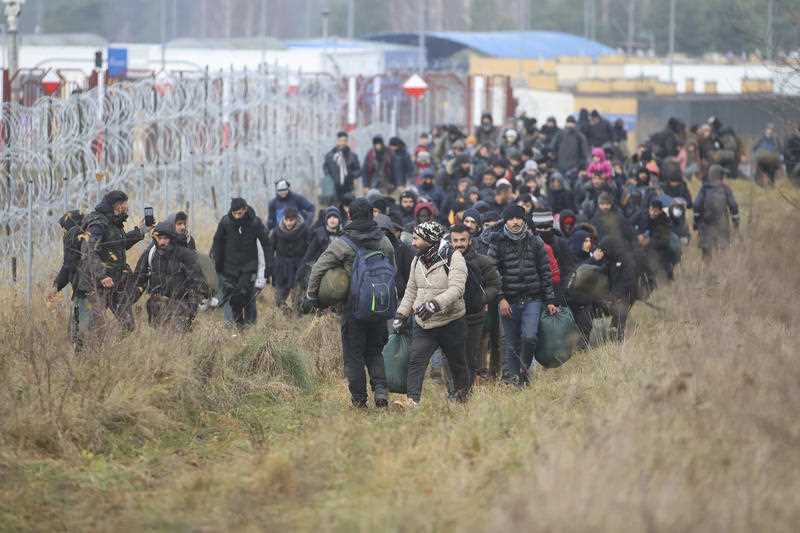 Migrants walk along the barbed wire as they gather at the Belarus-Poland border near Grodno, Belarus, Friday, Nov. 12, 2021.