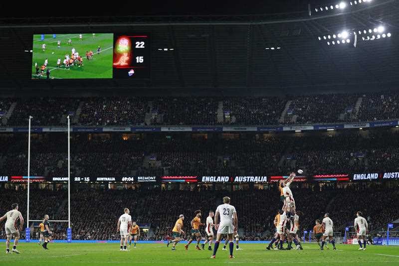 Players contest a lineout during the rugby union international between England and Australia at Twickenham stadium in London, Saturday, Nov. 13, 2021
