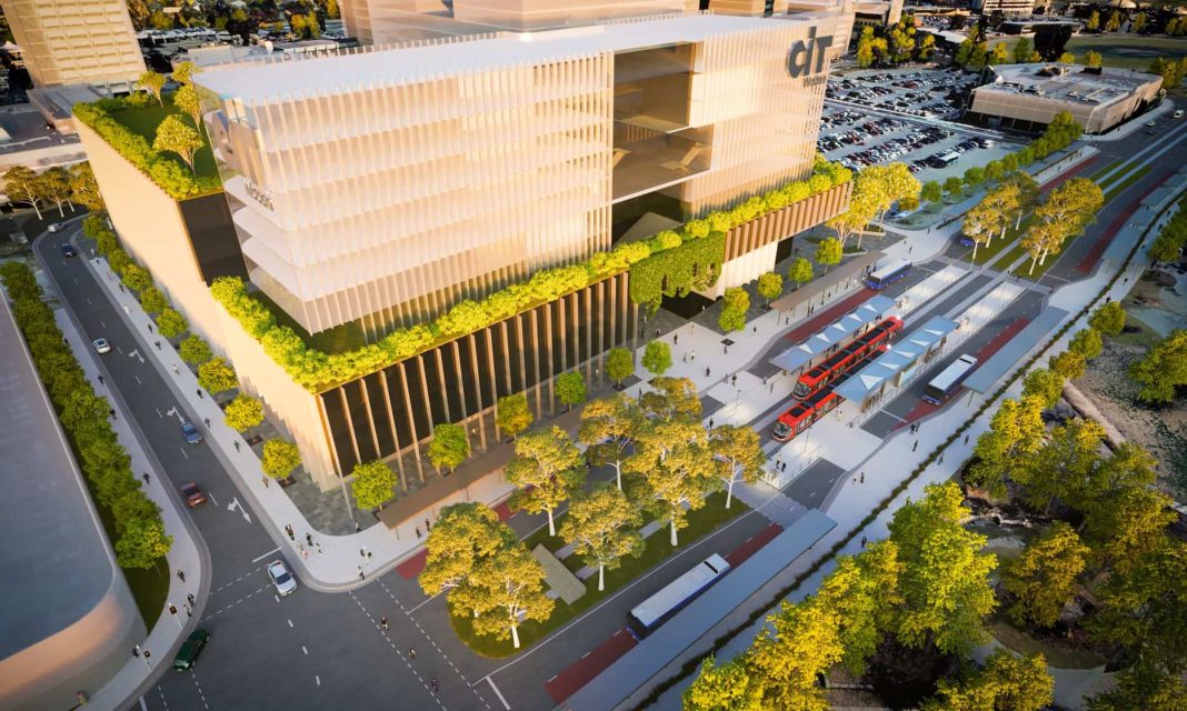 render of multi-storey CIT Woden building with light rail stop out front