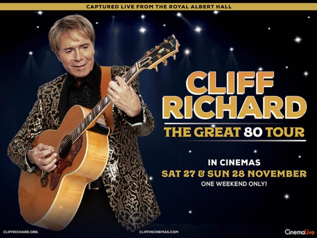 poster of British pop icon Sir Cliff Richard playing guitar to promote The Great 80 Tour