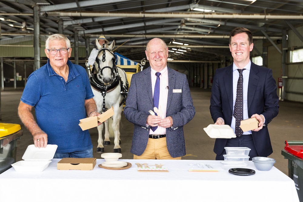 Caterer Dennis Humphrey, Royal National Capital Agricultural Society CEO Geoff Cannock, Chris Steel, ACT Minister for Transport and City Services, and equine friend, look forward to a plastic-free Canberra Show. Photo: Kerrie Brewer.
