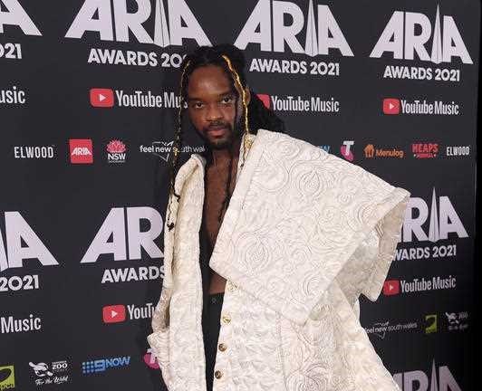 Genesis Owusu arrives for the 2021 ARIA Awards at Taronga Zoo, Sydney, Wednesday, November 24, 2021.