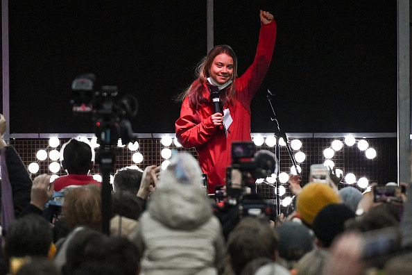 Climate activist, Greta Thunberg speaks on stage at George Square after joining demonstrators during the Fridays For Future COP26 Scotland March on 5 November in Glasgow, Scotland.