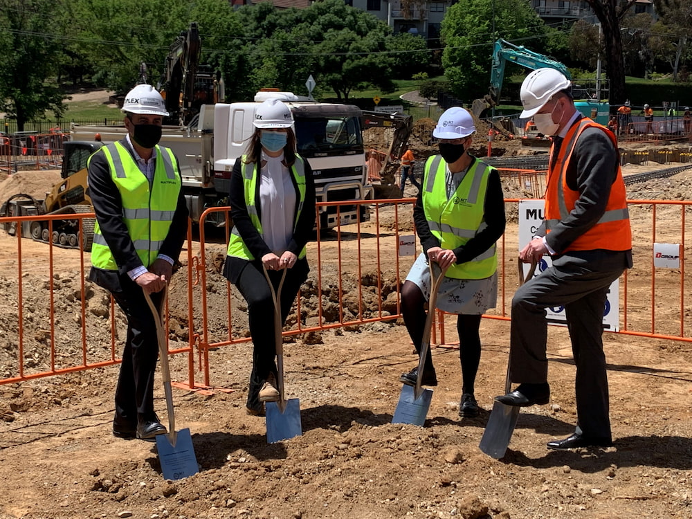 Multiplex Representatives David Ghannoum and Jane Curran, ACT Health Minister Rachel Stephen-Smith, and Duncan Edghill (Chief Projects Officer, Major Projects Canberra) turning the first sod for the basement of the new building. Photo: ACT Government.