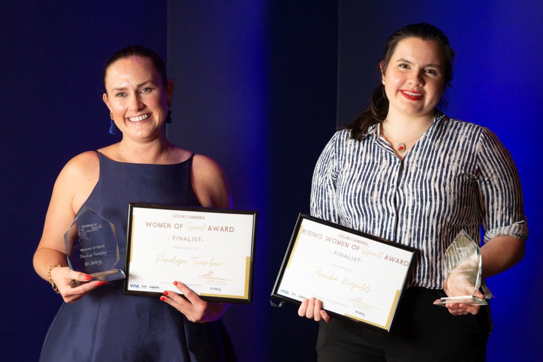 Two women holding Lifeline Canberra Women of Spirit awards