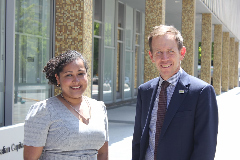 Farzana Choudhury, senior solicitor at Canberra Community Law, and ACT Attorney-General Shane Rattenbury. Photo: Nick Fuller