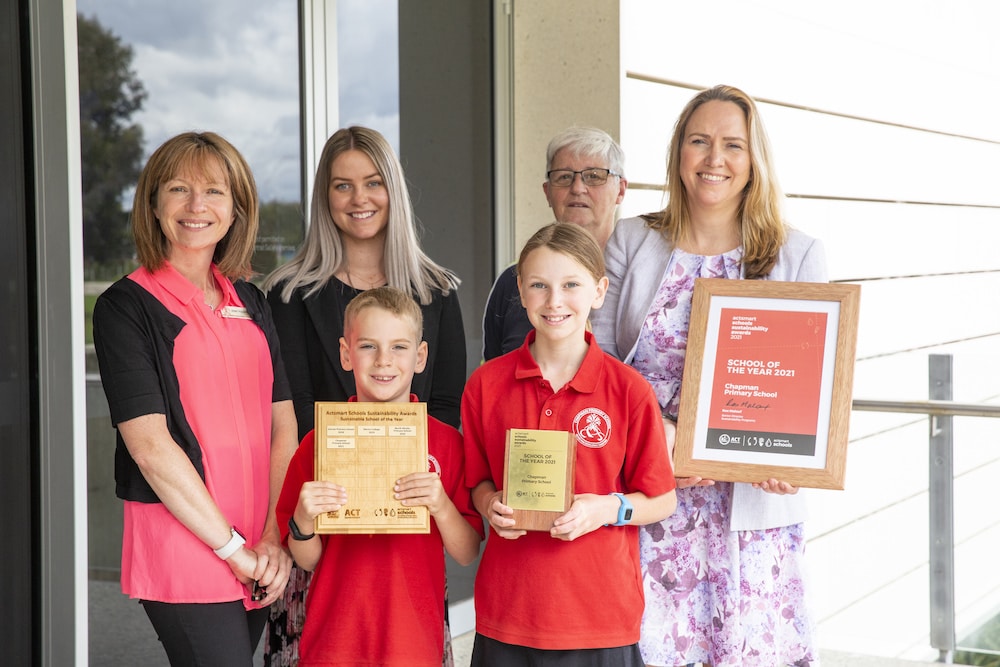 Representatives of Chapman Primary School, named the ACT Sustainable School of the Year today: adults Jenny, Bec, Trish, and Libby Emerson, students Oliver and Annie. Photo: Kerrie Brewer