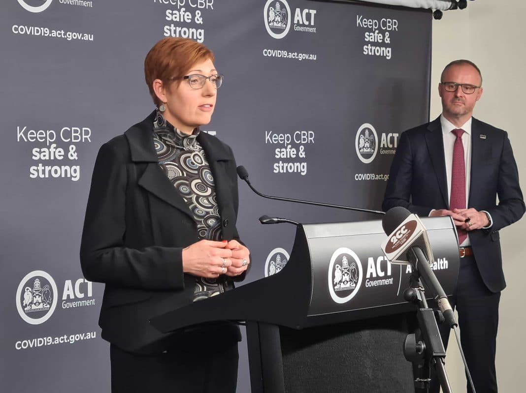 ACT Health Minister Rachel Stephen-Smith speaking at a COVID press conference as ACT Chief Minister Andrew Barr looks on