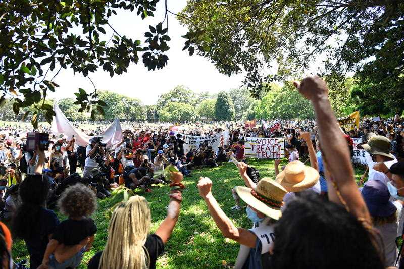 Indigenous and non-indigenous protesters during an Invasion Day rally in The Domain, Sydney, Tuesday, January 26, 2921.