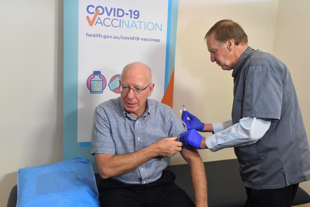 Governor-General David Hurley receives his Covid-19 vaccination at a local medical centre in Canberra, Friday, March 26, 2021. (AAP Image/POOL/Mick Tsikas) NO ARCHIVING
