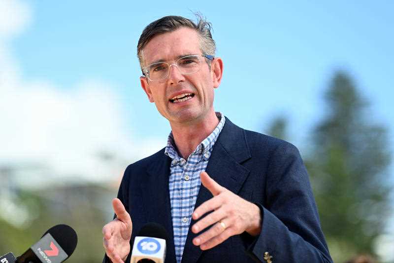 NSW Premier Dominic Perrottet speaks to the media during a press conference at Warriewood SLSC in Sydney, Saturday, January 22, 2022