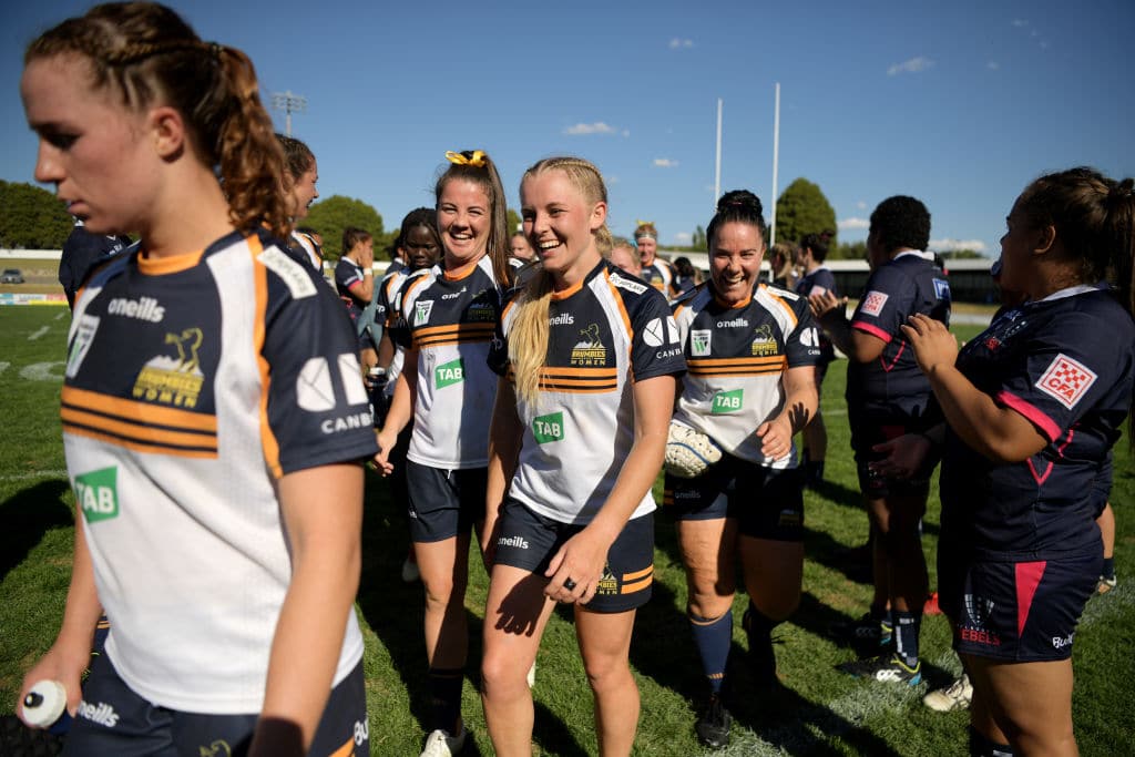 Brumbies players celebrate their win in the round two SuperW match between the Brumbies and the Rebels at Seiffert Oval on March 03, 2019 in Canberra, Australia. (Photo by Tracey Nearmy/Getty Images)