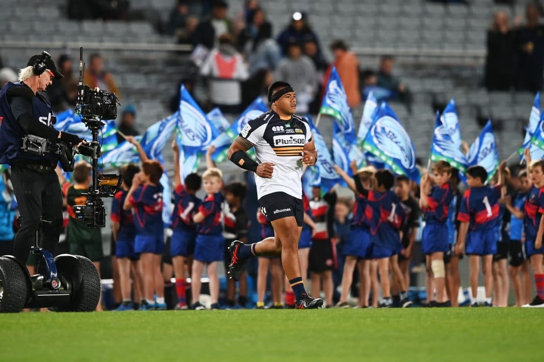 Allan Alaalatoa of the Brumbies takes the field for his 100th match during the Round 3 Trans-Tasman Super Rugby match between the Auckland Blues and the ACT Brumbies at Eden Park in Auckland, New Zealand, Saturday, May 29, 2021