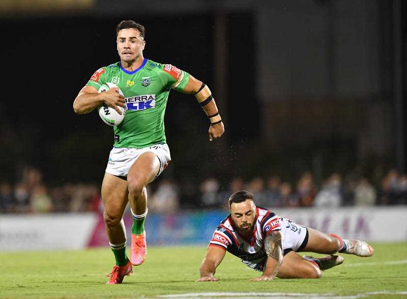 Harley Smith-Shields (left) of the Raiders makes a break only for he play to be called back during the Round 25 NRL match between the Canberra Raiders and the Sydney Roosters at BB Print Stadium in Mackay, Thursday, September 2, 2021