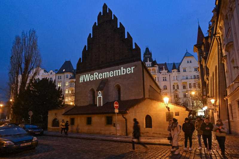 Symbolic lighting on the facade of the Old New Synagogue as part of the #WeRemember international campaign on the occasion of the International Holocaust Remembrance Day, on January 27, 2022, in Prague, Czech Republic