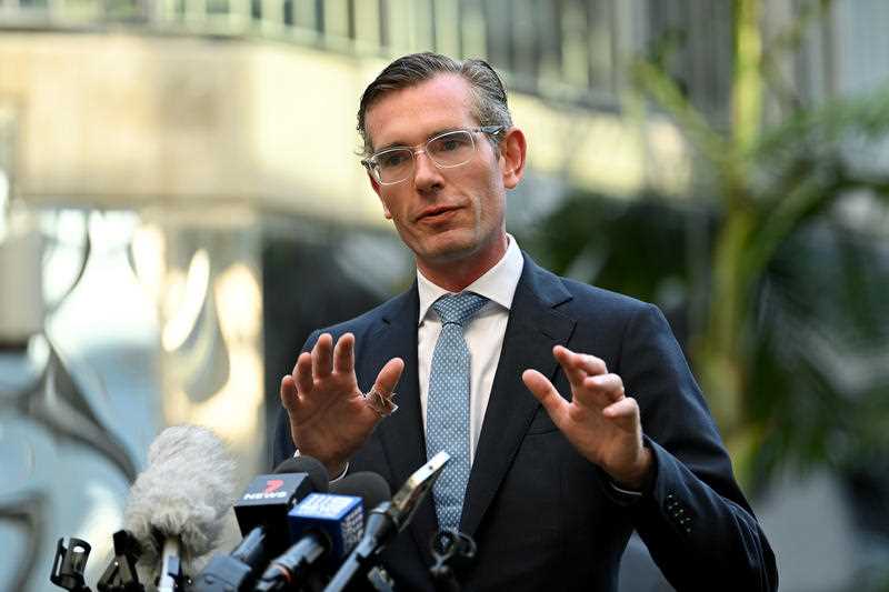 NSW Premier Dominic Perrottet speaks to the media during a press conference in Sydney, Tuesday, February 1, 2022.