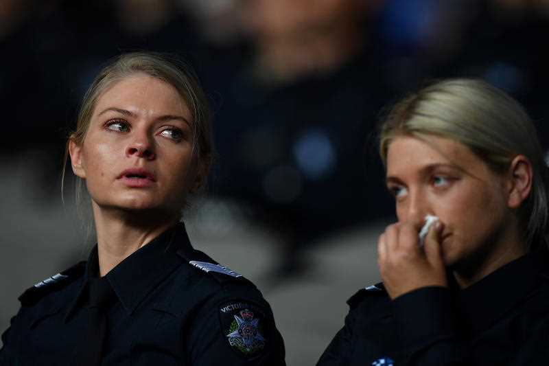 Victoria Police attend a Memorial Service for four police officers killed on duty on the Eastern Freeway, at Marvel Stadium, in Melbourne, Thursday, February 3, 2022.