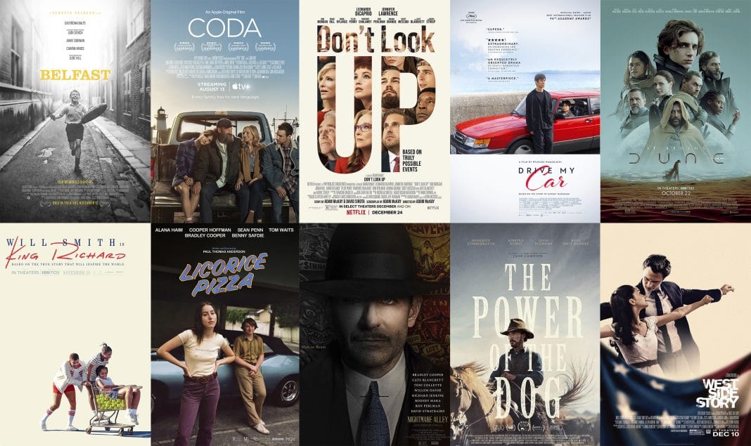 This combination of photos shows promotional art for the films nominated for an Oscar for best picture, top row from left, 