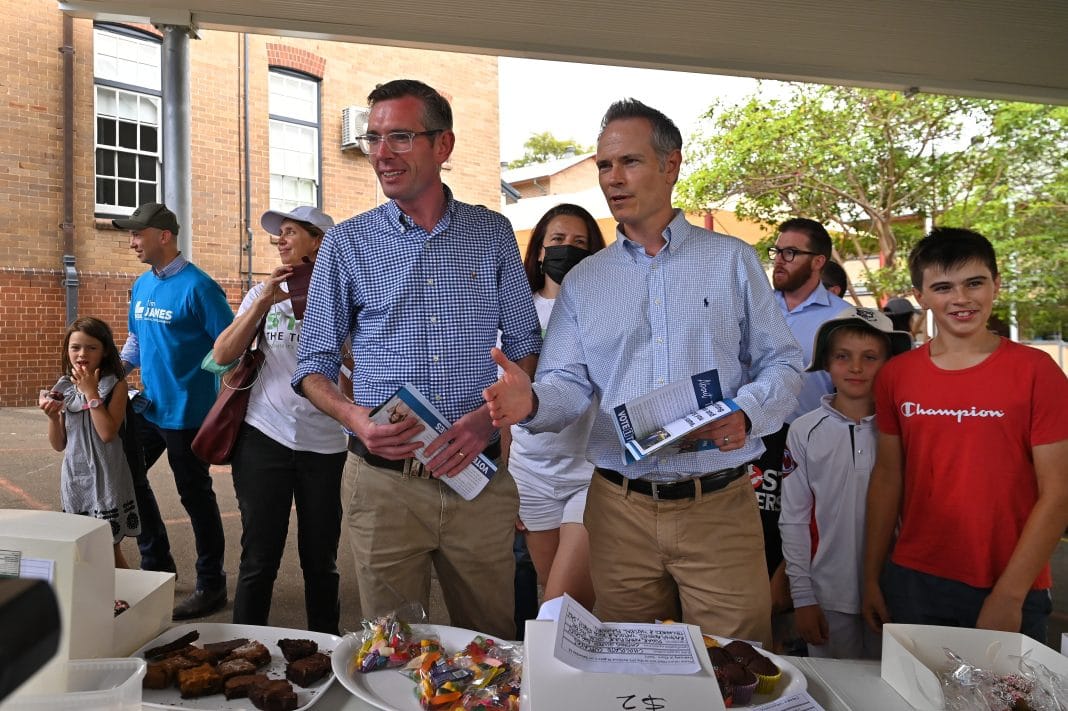 NSW Premier Dominic Perrottet during a visit to support Liberal candidate Tim James during the Super Saturday by-elections at Cammeray Public School in Sydney, Saturday, February 12, 2022