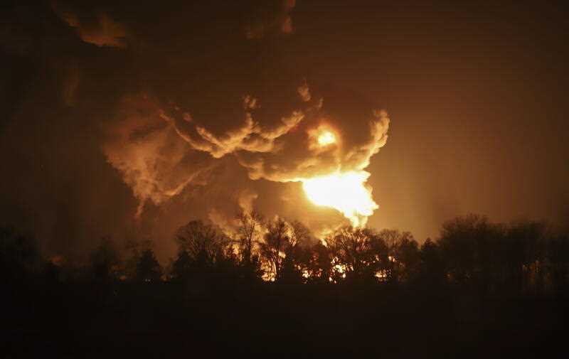 A big fire at a petroleum storage depot after a Russian missile attack, in Vasylkiv, near Kiev, Ukraine, 27 February 2022
