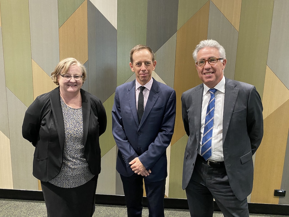 Ken Archer (right) is the ACT's first dedicated coroner, and Jane Campbell (left) has been permanently appointed as a magistrate, Attorney-General Shane Rattenbury (centre) announced today.