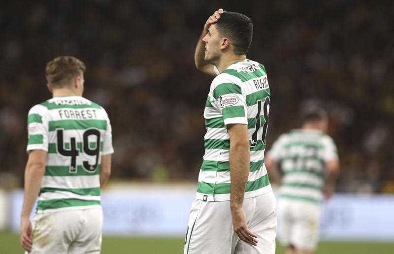 Celtic's Tom Rogic, center, reacts during a Champions League third qualifying round in Athens in 2018