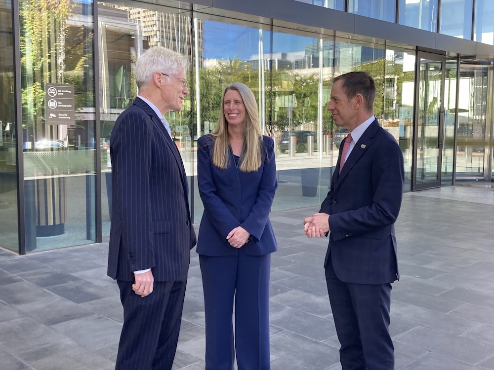 Resident judges Geoffrey Kennett and Belinda Baker with ACT Attorney-General Shane Rattenbury. Photo provided