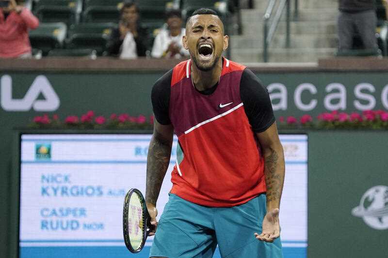 Nick Kyrgios, of Australia, celebrates after defeating Casper Ruud, of Norway, at the BNP Paribas Open tennis tournament Monday, March 14, 2022, in Indian Wells, Calif