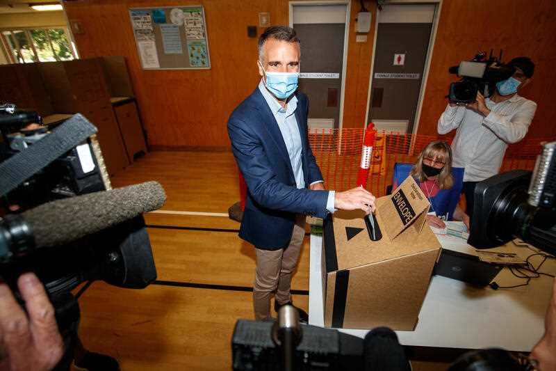 Peter Malinauskas, leader of the South Australian Branch of the Australian Labor Party, votes on polling day during the 2022 State Election at Woodville Gardens School in Adelaide, Saturday, March 19, 2022