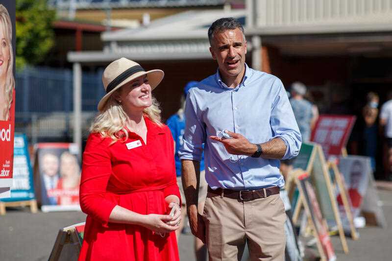 Lucy Hood running for the seat of Adelaide with Peter Malinauskas SA Labor Leader on polling day during the 2022 State Election at Prospect Primary School in Adelaide, Saturday, March 19, 2022.