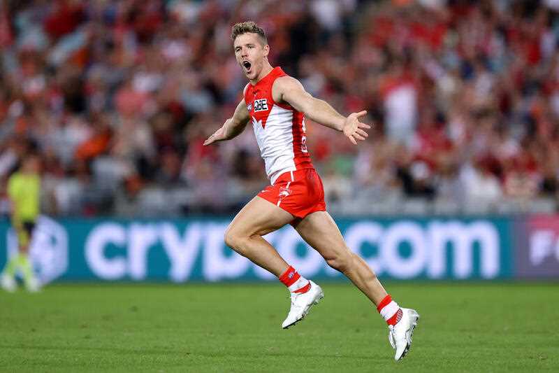 Luke Parker of the Swans celebrates kicking a goal during the Round 1 AFL match between the GWS Giants and Sydney Swans at Accor Stadium in Sydney, Saturday, March 19, 2022.