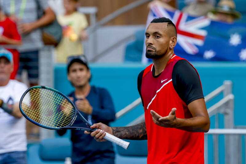 Nick Kyrgios of Australia reacts after defeating Andrey Rublev of Russia in a second round match of the Miami Open tennis tournament at Hard Rock Stadium in Miami Gardens, Florida, USA, 25 March 2022