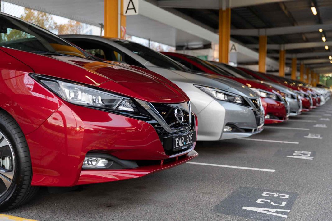 row of new Nissan Leaf electric vehicles
