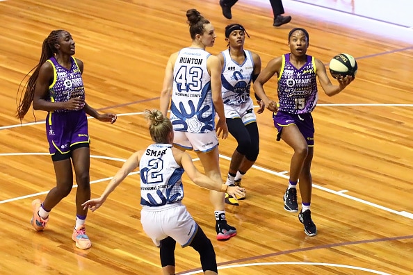 Lindsay Allen of the Boomers shoots during the round 15 WNBL match between Melbourne Boomers and University of Canberra Capitals at Melbourns Sports Centres, on March 19, 2022, in Melbourne, Australia.