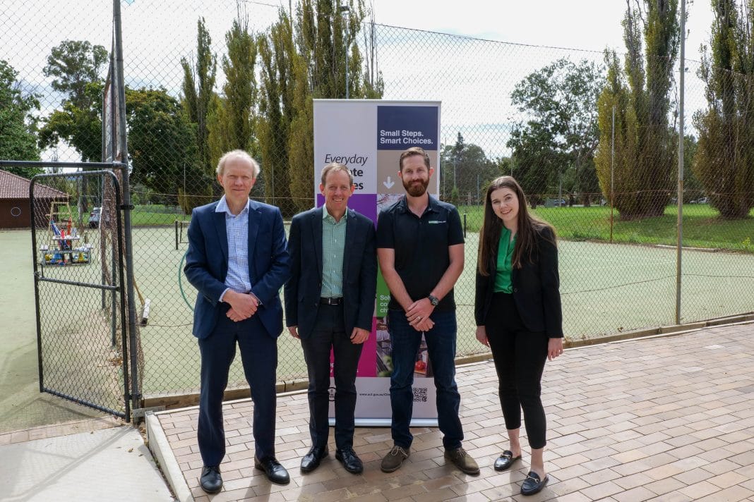 Bill Brummitt, president of the Manuka Tennis Club; Shane Rattenbury, ACT Minister for Energy and Emissions Reduction; Gavin Murray, Stored Solar; and Emma Gillies, Assistant Director of the Next Gen program. Photo provided.