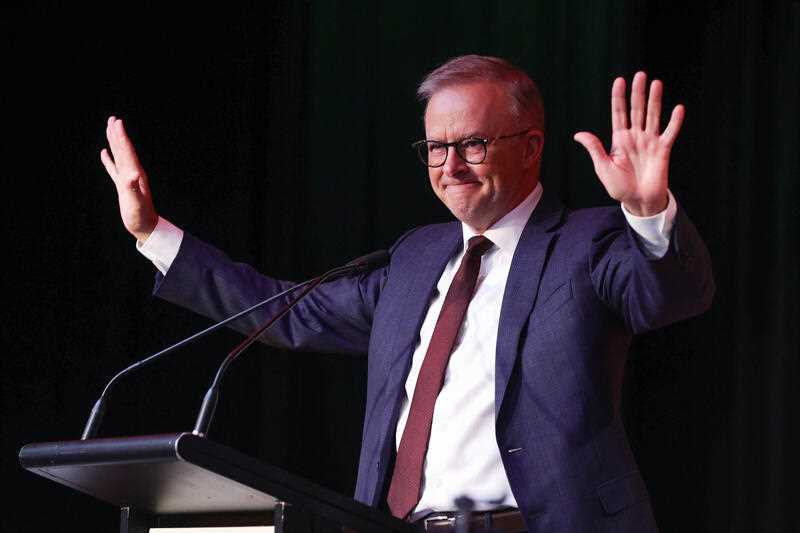 Federal Opposition Leader Anthony Albanese addresses a crowd during a Labor campaign rally at the Kedron-Wavell Services Club in Brisbane, Sunday, April 3, 2022