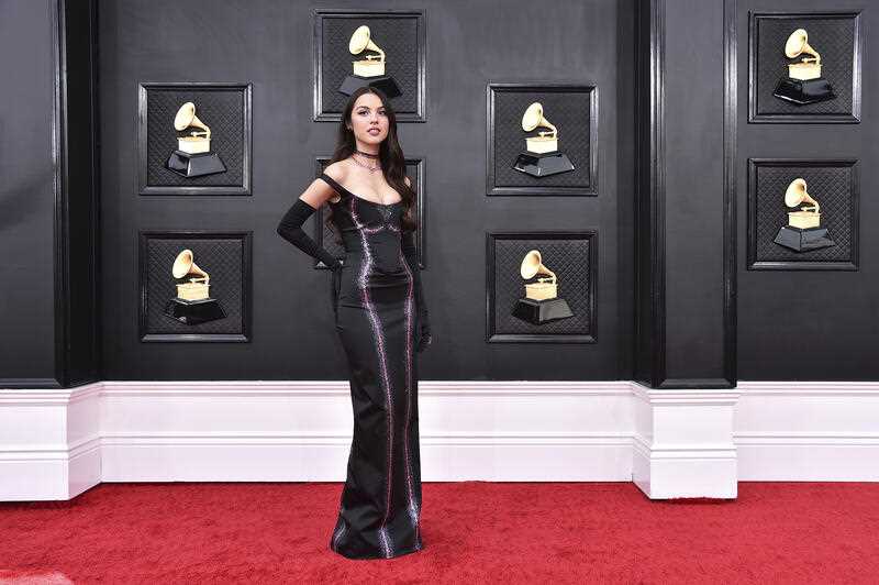 Olivia Rodrigo arrives at the 64th Annual Grammy Awards at the MGM Grand Garden Arena on Sunday, April 3, 2022, in Las Vegas