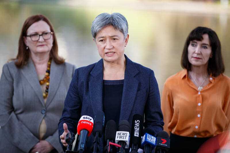 Shadow Foreign Affairs Minister Penny Wong during a visit to the Torrens river in Adelaide during the 2022 federal election campaign