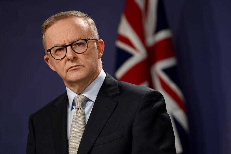 Leader of the Opposition Anthony Albanese speaks to the media during a press conference at the Commonwealth Parliamentary Offices in Sydney, Sunday, April 10, 2022