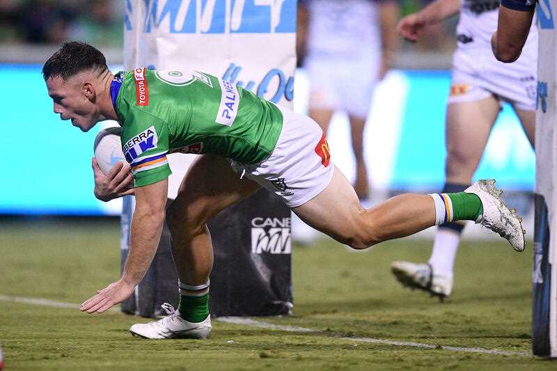 Tom Starling of the Raiders scores a try during the NRL Round 6 match between the Canberra Raiders and the North Queensland Cowboys at GIO Stadium in Canberra, Thursday, April 14, 2022