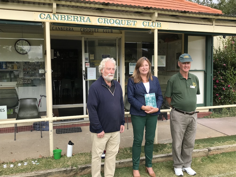 Peter Dale, Vice-President of the Canberra Croquet Club; Yvette Berry, ACT Minister for Sport and Recreation; and Greg Diprose, president of the Canberra Croquet Club. Photo: Nicholas Fuller
