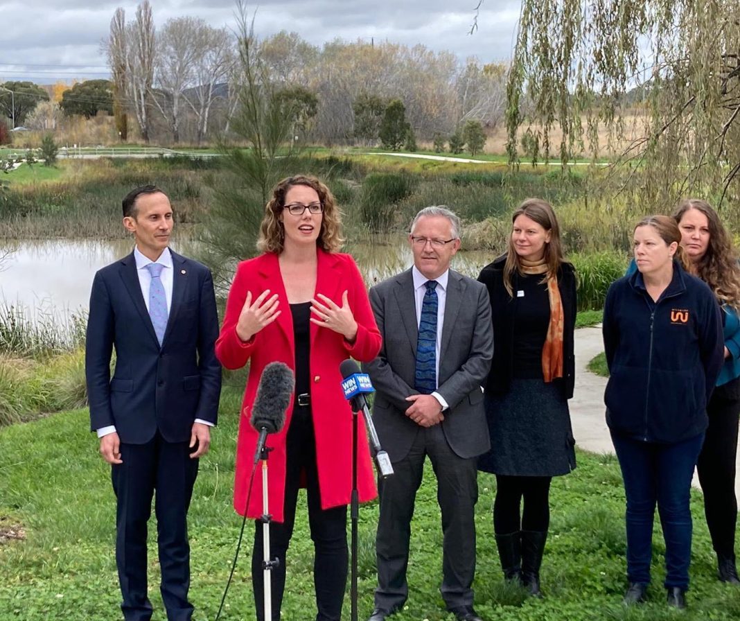 Labor MPs Dr Andrew Leigh, Alicia Payne, and David Smith, with Karissa Preuss (Landcare ACT), Lauren Brown (Woodlands and Wetlands Trust), and Jeannine Fromholtz (Molonglo Conservation Group). Photo provided.