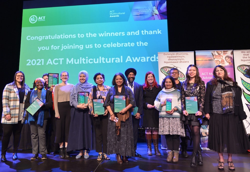 Tara Cheyne (centre), ACT Minister for Multicultural Affairs, with last year's Multicultural Champions. Photo provided.