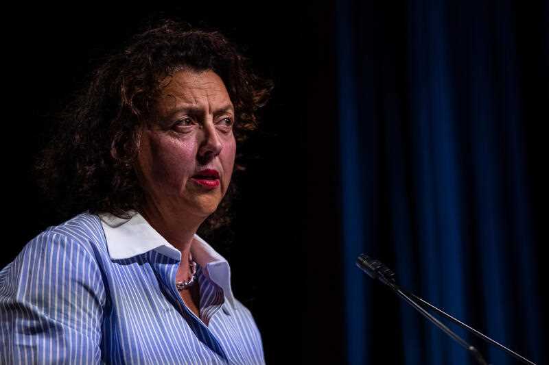 Dr. Monique Ryan’s speaks to the crowd during an election campaign launch at Hawthorn Arts Centre in Melbourne
