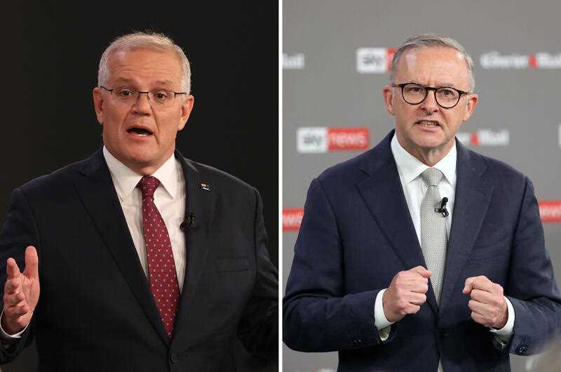 A comparison diptych shows (left) Australian Prime Minister Scott Morrison and (right) Australian Opposition Leader Anthony Albanese speaking during the first leaders' debate of the 2022 federal election